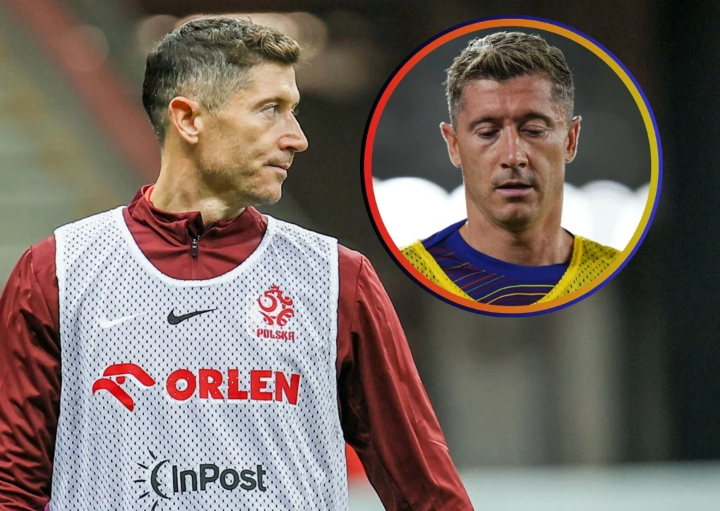 Robert Lewandowski Piłkarz ubrany w treningowy strój reprezentacji Polski z logo Orlen i InPost, zwrócony bokiem, w tle okrągła wstawka z drugim ujęciem tej samej osoby z zamkniętymi oczami, wyrażającym skupienie lub zamyślenie.