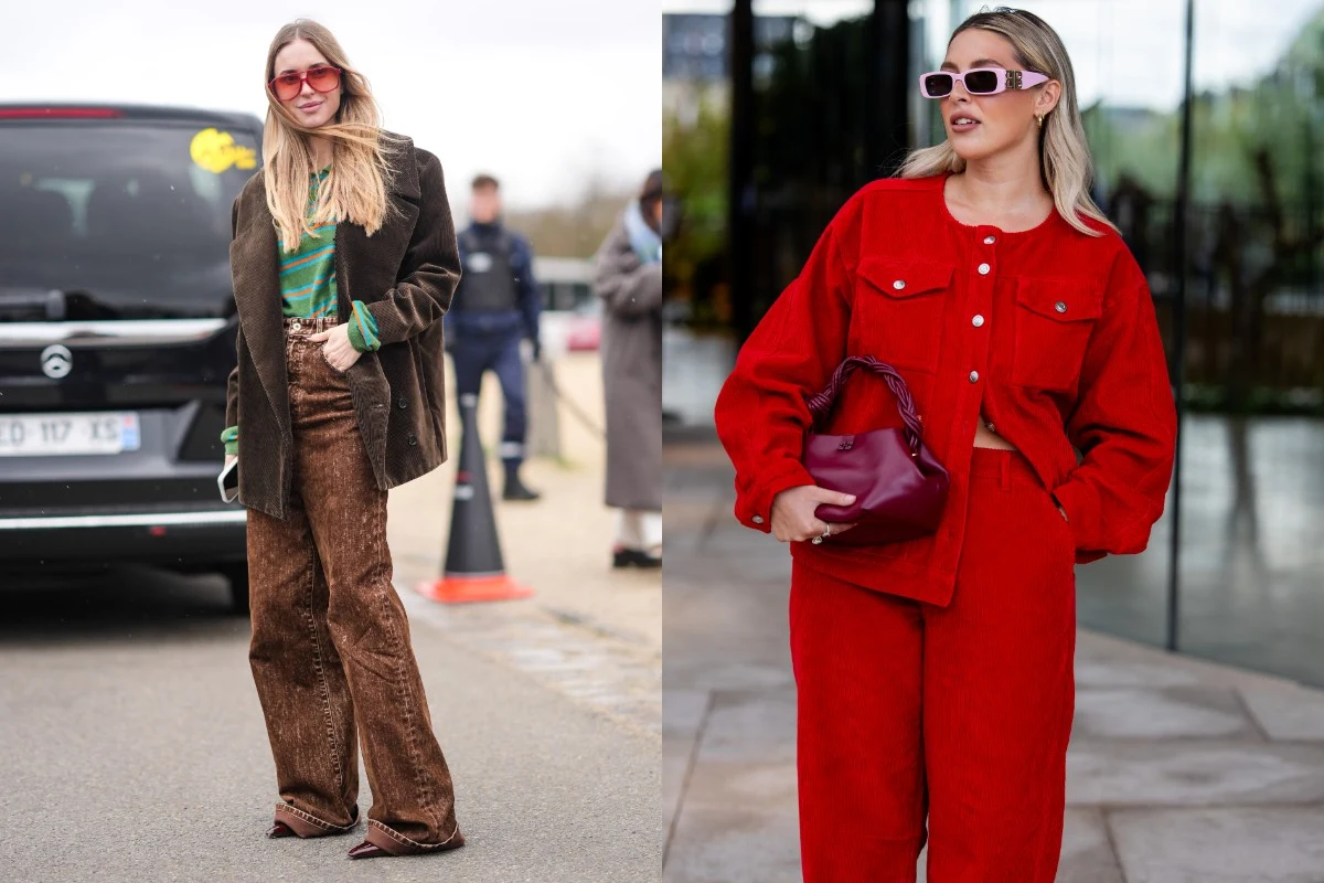 Dwie kobiety w modnych stylizacjach. Po lewej ubrana w zieloną koszulę, brązową marynarkę i szerokie spodnie, dopełnione okularami przeciwsłonecznymi. Po prawej kobieta w intensywnie czerwonym komplecie oraz dużych okularach, trzymająca bordową torebkę.