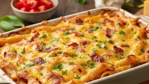 Podwójnie serowe penne – z boczkiem i pomidorami. Zapiekanka makaronowa według Mateusza Gesslera