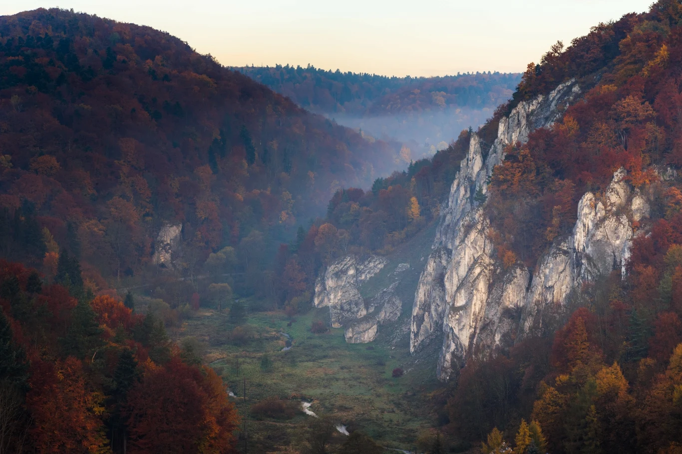 Ojcowski Park Narodowy słynie z wapiennych ostańców, które skąpane w jesiennych barwach stają się szczególnie urokliwe Ojcowski Park Narodowy słynie z wapiennych ostańców, które skąpane w jesiennych barwach stają się szczególnie urokliwe