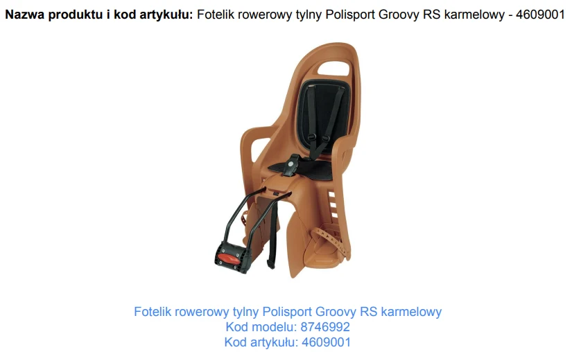 Fotelik rowerowy w odcieniu karmelowym, z wysokim oparciem oraz pasami bezpieczeństwa i podnóżkami, przeznaczony do montażu na tylnym bagażniku roweru.