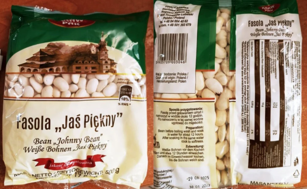 Opakowanie fasoli typu Jaś Piękny z przeźroczystym okienkiem ukazującym białe ziarna. Na przodzie widnieje grafika przedstawiająca zabytkowy budynek oraz informacje o nazwie produktu i producencie. Z tyłu znajdują się szczegóły dotyczące składu, sposob...