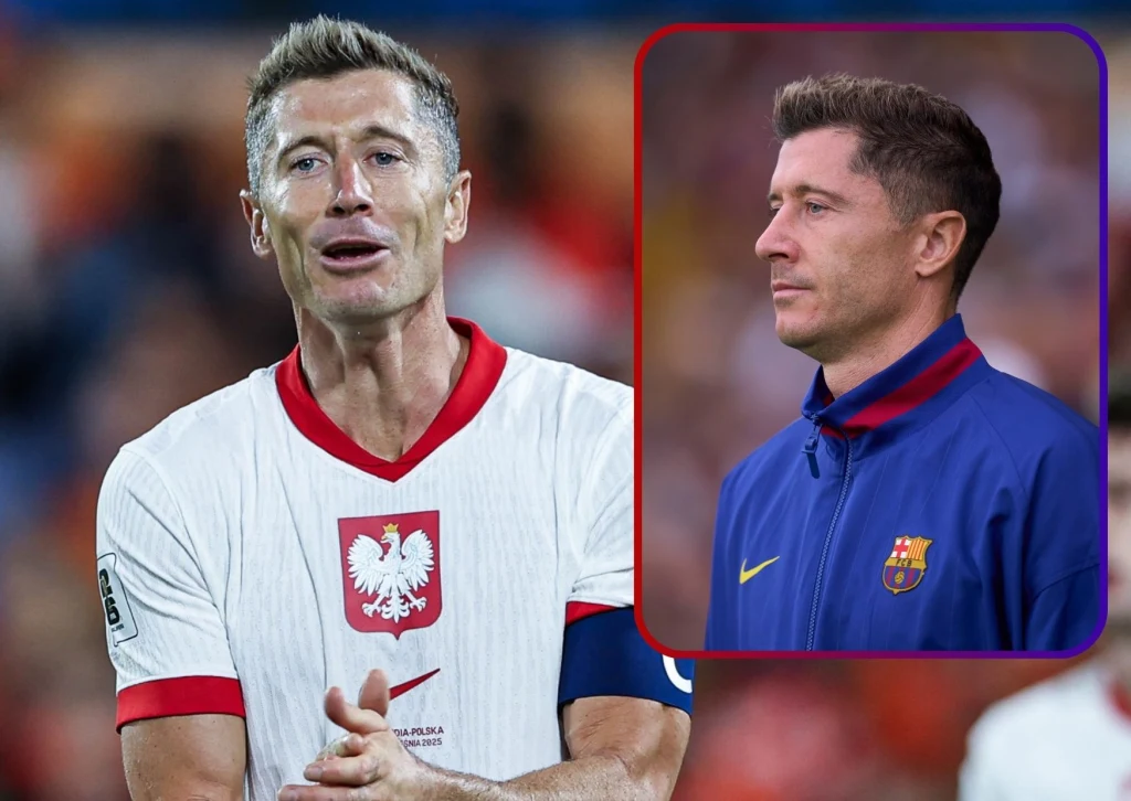Robert Lewandowski Znany piłkarz w stroju reprezentacji Polski podczas meczu oraz w insetcie w kurtce Barcelony, skupiony wyraz twarzy, na pierwszy planie postać sportowca.