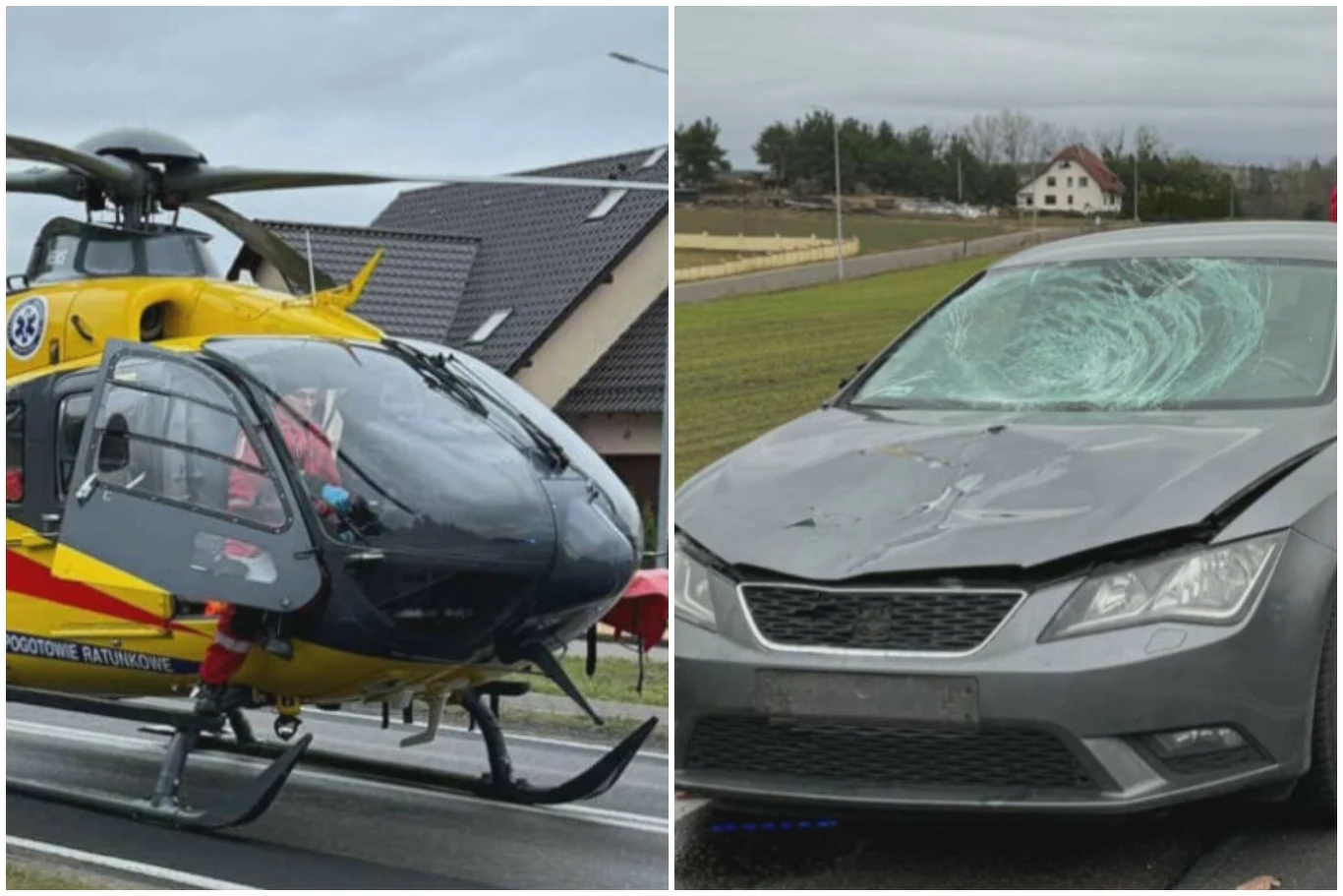 W Lipnicy na Pomorzu potrącone zostały dwie 15-latki Śmigłowiec ratownictwa medycznego lądujący na ulicy oraz samochód osobowy z poważnie rozbitym przodem i pękniętą szybą przednią, stojący przy poboczu drogi. W tle widoczne są budynki mieszkalne oraz pola.