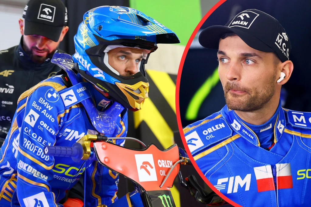 Wiadomo już, gdzie Bartosz Zmarzlik powalczy o siódme złoto Zawodnik drużyny żużlowej w niebieskim kombinezonie z kaskiem na głowie siedzi na motocyklu, obok druga fotografia tej samej osoby bez kasku, z widocznym logotypem Orlen na ubraniu i czapce. W tle mechanik w czarnej czapce.