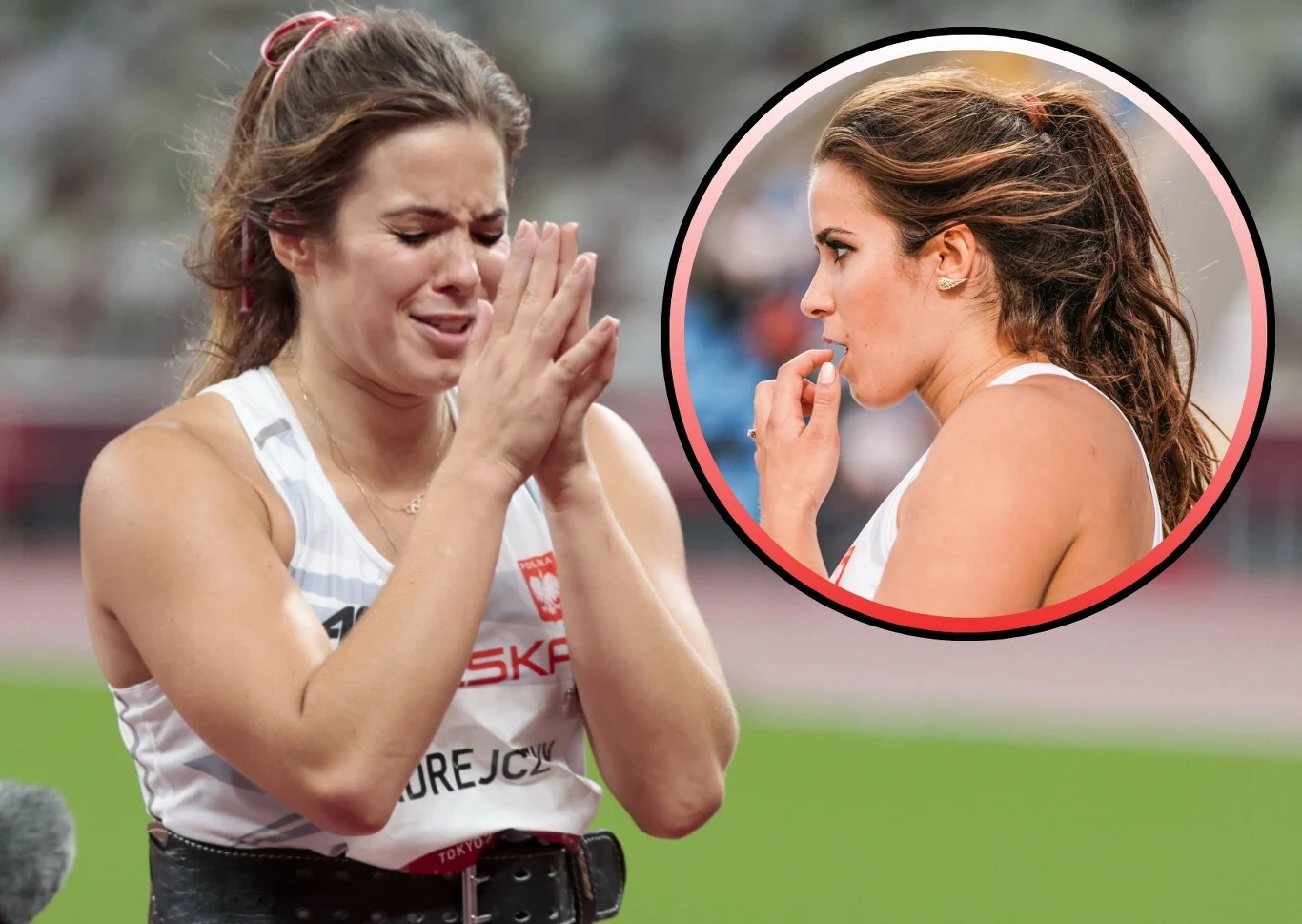 Andrzej Iwanczuk/REPORTER / Aleksandra Szmigiel/REPORTER Sportowczyni z widocznym logo Polski na koszulce, wyrażająca silne emocje, składa dłonie jak do modlitwy lub podziękowania. W tle okrągła wstawka z jej portretem z profilu, skupiona, trzyma palce przy ustach. Jasne, stadionowe otoczenie.