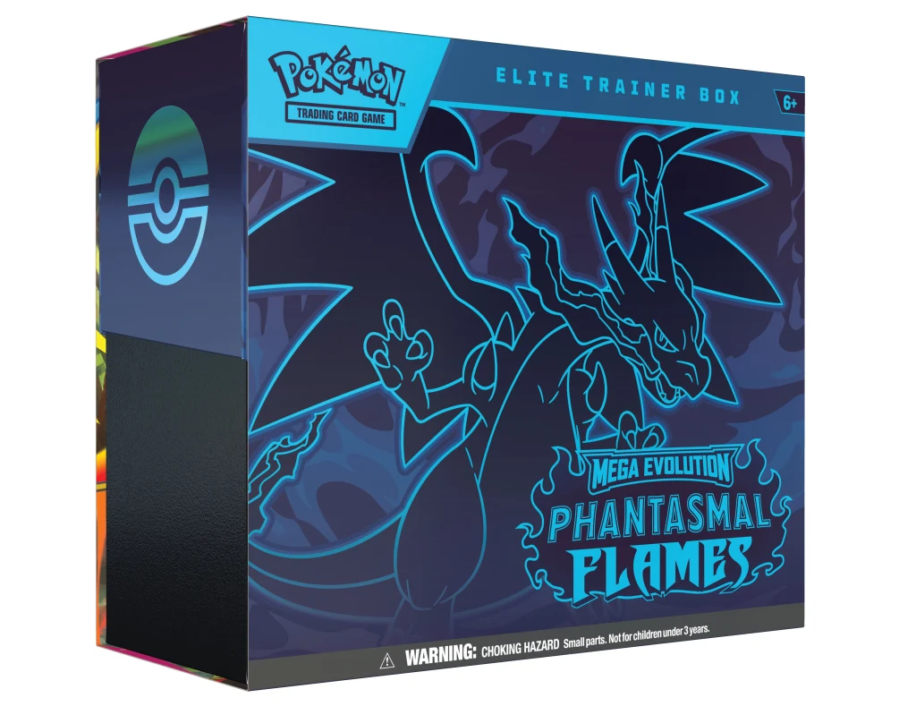 Pokémon Trading Card Game (TCG): Mega Evolution - Phantasmal Flames Kolorowe pudełko Elite Trainer Box do gry karcianej Pokémon ozdobione niebieską grafiką Charizarda w stylu Mega Evolution, z wyraźnym napisem 'Phantasmal Flames' oraz informacją ostrzegawczą o możliwości zadławienia się małymi elementami.