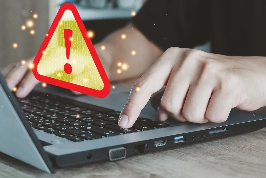 Ręka osoby korzystającej z laptopa, na ekranie widoczny duży żółty trójkąt z czerwonym obramowaniem i wykrzyknikiem, symbolizujący ostrzeżenie o zagrożeniu cybernetycznym.