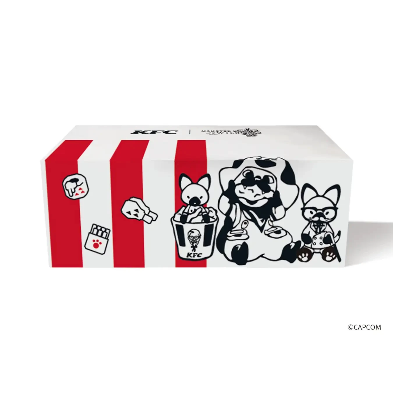 Białe pudełko z czerwonymi paskami i czarno-białymi ilustracjami postaci z kreskówek lub gier, w tym zwierząt w różnych pozach, a także logo i motywem marki KFC.