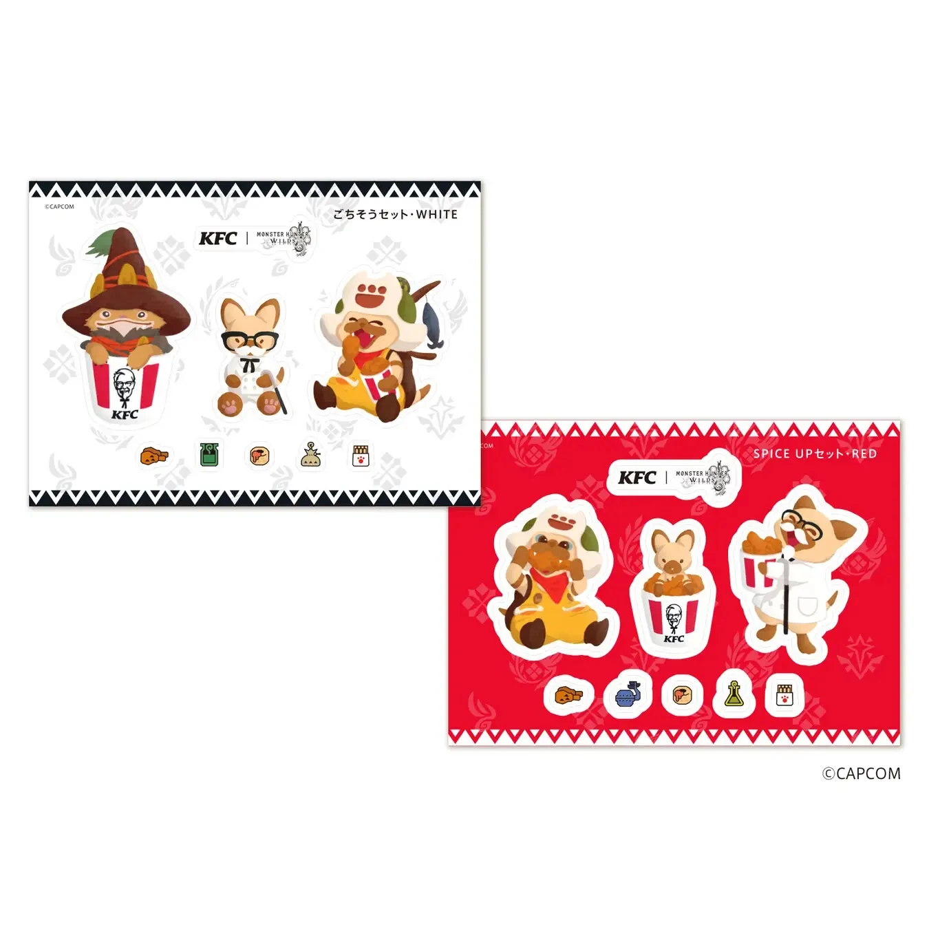 Kolorowe arkusze z naklejkami przedstawiają zwierzęta w zabawnych kostiumach inspirowanych kuchnią KFC, kubełki z kurczakiem oraz symbole marki. Tło w dwóch wariantach kolorystycznych: białym i czerwonym.