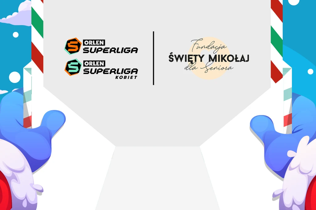 Rysunkowe dłonie ubrane w rękawiczki Mikołaja trzymające prostokątną tablicę z logotypami Orlen Superliga, Orlen Superliga Kobiet oraz Fundacji Święty Mikołaj dla Seniora. Tło ozdobione zimowymi motywami i śniegiem.