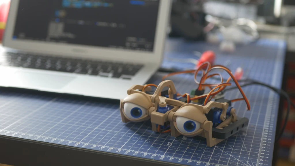 Oczy robota wygląały trochę niepokojąco Model mechanicznych oczu połączony z przewodami, zbudowany na bazie serwomechanizmów, leży na macie do cięcia, w tle widoczny rozmazany ekran laptopa i narzędzia.