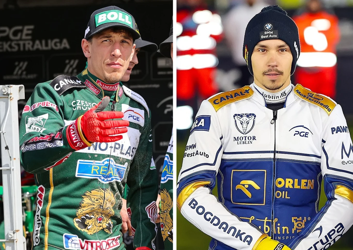 Piotr Pawlicki i Dominik Kubera niegdyś jeździli razem w Unii Leszno Dwóch żużlowców w strojach drużynowych, jeden ubrany w zielono-czarny kombinezon stojący na zewnątrz, drugi w białym kombinezonie z niebiesko-żółtymi akcentami, zimowa czapka, obaj skupieni na tle toru żużlowego.
