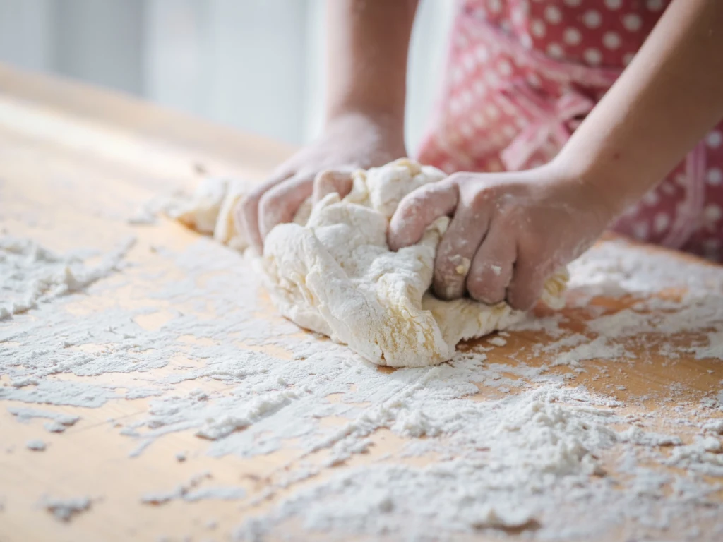 Ciasto na pierogi lepiej przed mrożeniem poporcjować Ręce ugniatające ciasto na drewnianym stole, wokół rozsypana mąka, osoba nosi fartuch w groszki
