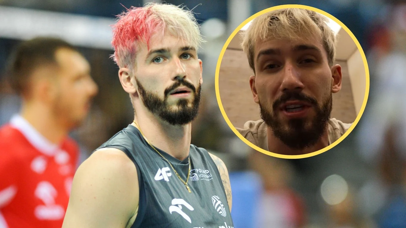 Tomasz Fornal Mężczyzna z jasnymi włosami i różowym akcentem na głowie ubrany w sportową koszulkę, widoczny na hali sportowej. W prawym górnym rogu wstawka przedstawiająca tę samą osobę podczas nagrania wideo. W tle inny zawodnik w czerwonym stroju.