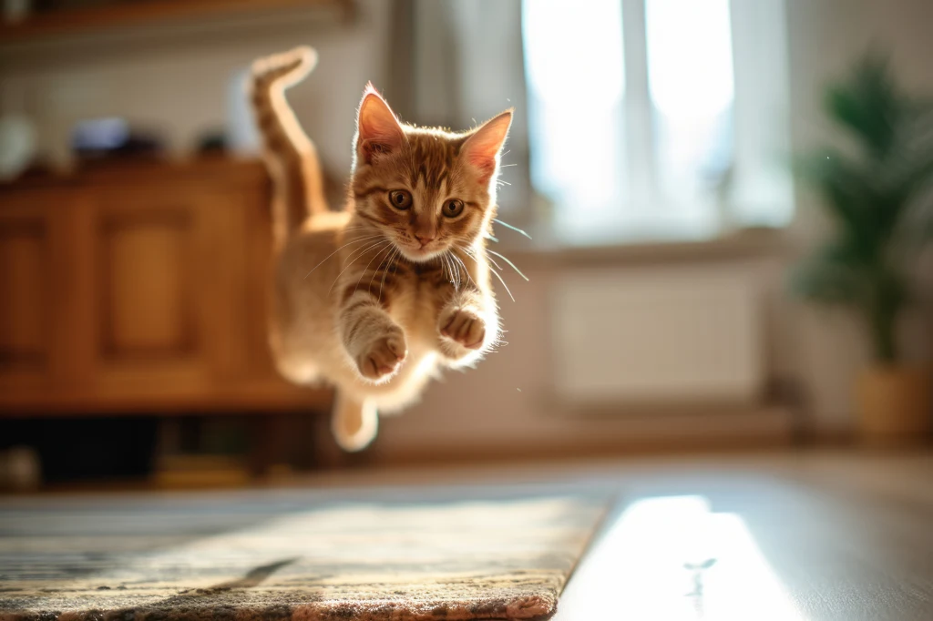 Młodym kotom ruch jest potrzebny jak powietrze Rudy kot w trakcie skoku w jasnym, domowym wnętrzu z rozmytym tłem i promieniami światła wpadającymi przez okno.