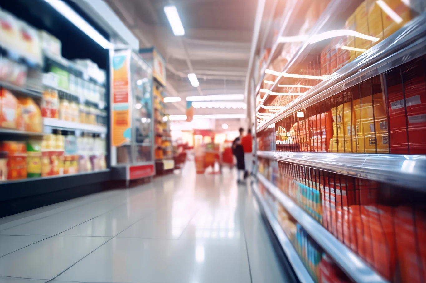 Ostrzeżenie publiczne dotyczące żywności. GIS informuje o wycofaniu dwóch produktów Półki w sklepie spożywczym pełne różnorodnych produktów z wyraźnie widocznym regałem z kolorowymi opakowaniami po prawej stronie oraz rozmytymi sylwetkami klientów w tle.