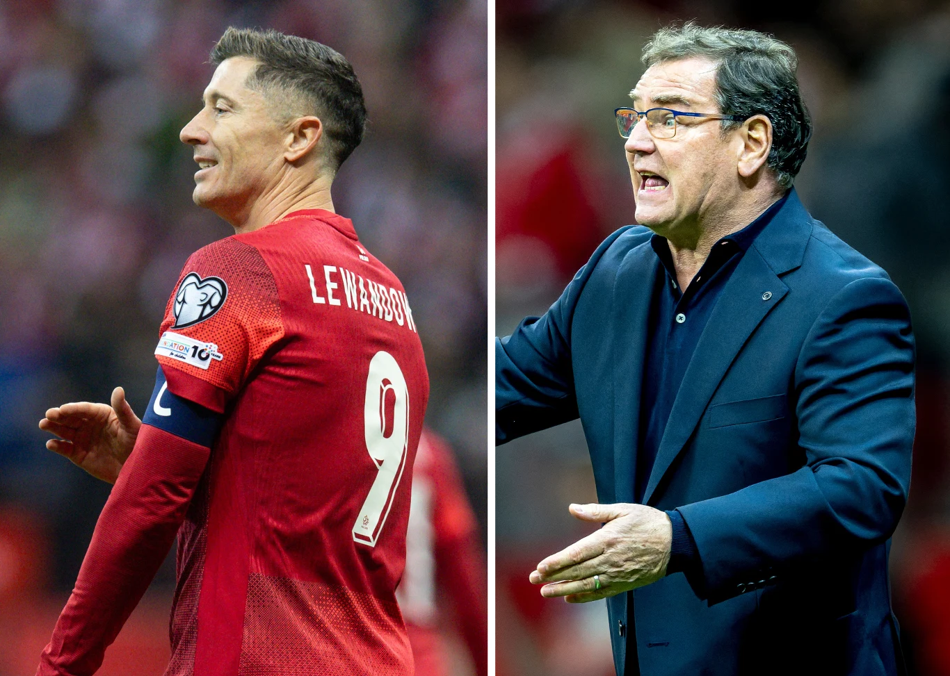 Lewandowski w czerwonym stroju z numerem 9 podczas meczu piłkarskiego, po lewej stronie kadru, po prawej trener gestykulujący w eleganckim, granatowym garniturze na tle stadionu.