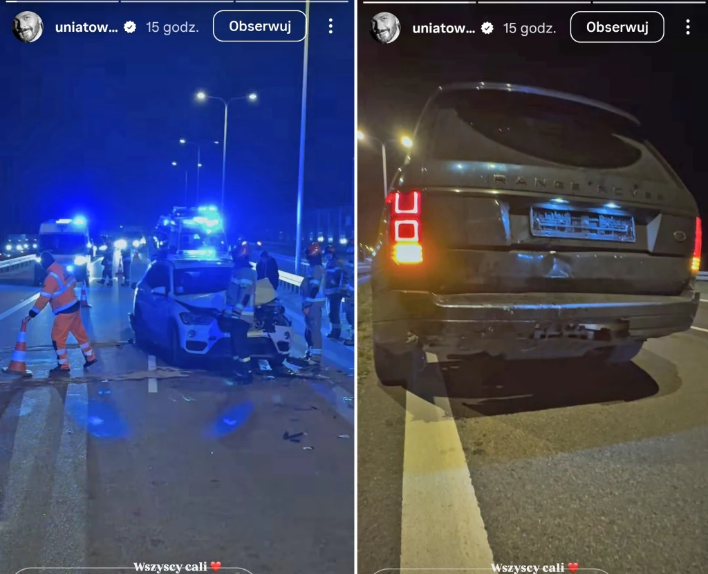 Sławek Uniatowski zamieścił w relacji na Instagramie krótkie nagranie z miejsca zdarzenia Dwa samochody po kolizji drogowej na autostradzie w nocy. Po lewej stronie uszkodzony przedni zderzak białego auta i interweniujący ratownicy w kamizelkach odblaskowych oraz pojazdy służb z włączonymi sygnałami świetlnymi. Po prawej uszkodzony tył ciem...
