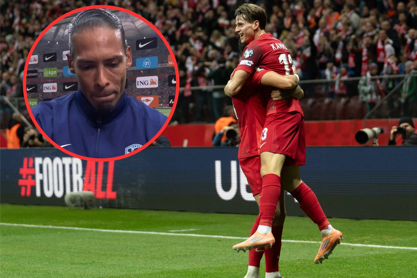 Virgil van Dijk został zaskoczony przez reprezentantów Polski Dwóch piłkarzy w czerwonych strojach świętujących zdobycie gola na murawie pełnego stadionu, w tle tłum kibiców. W lewym górnym rogu zdjęcie piłkarza podczas wywiadu po meczu.