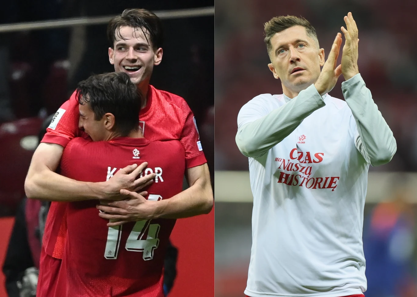 Na zdjęciu Jakub Kamiński, Jakub Kiwior oraz Robert Lewandowski w barwach reprezentacji Polski Dwóch piłkarzy w czerwonych koszulkach obejmuje się po zdobyciu bramki, obok inny piłkarz w białej koszulce z napisem składa dłonie do oklasków. W tle stadion i kibice.