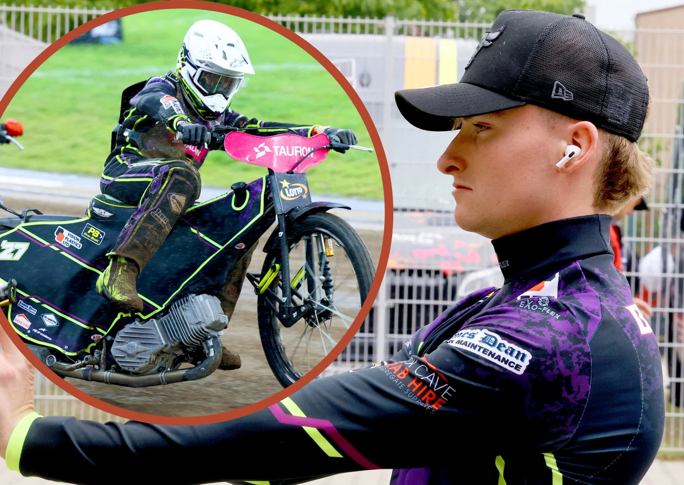 W Polonii Bydgoszcz mówią wprost, że przedłużenie kontraktu z Tomem Brennanem rozsadza szatnię od środka. Rozwiązanie tego problemu łatwe nie będzie. Zawodnik żużlowy w profesjonalnym stroju sportowym, uchwycony w trakcie selfie przy torze, z okrągłym wstawieniem prezentującym go w akcji podczas wyścigu na motocyklu żużlowym.