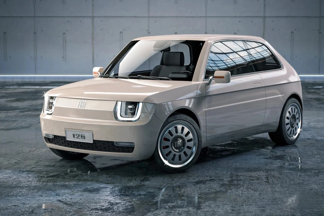 Fiat 126 Vision Nowoczesny samochód miejski w kolorze beżowym na tle industrialnej, betonowej ściany z delikatnym połyskiem na posadzce. Auto posiada charakterystyczne okrągłe reflektory LED, futurystyczną stylistykę oraz detal w postaci napisu na tablicy z przodu.