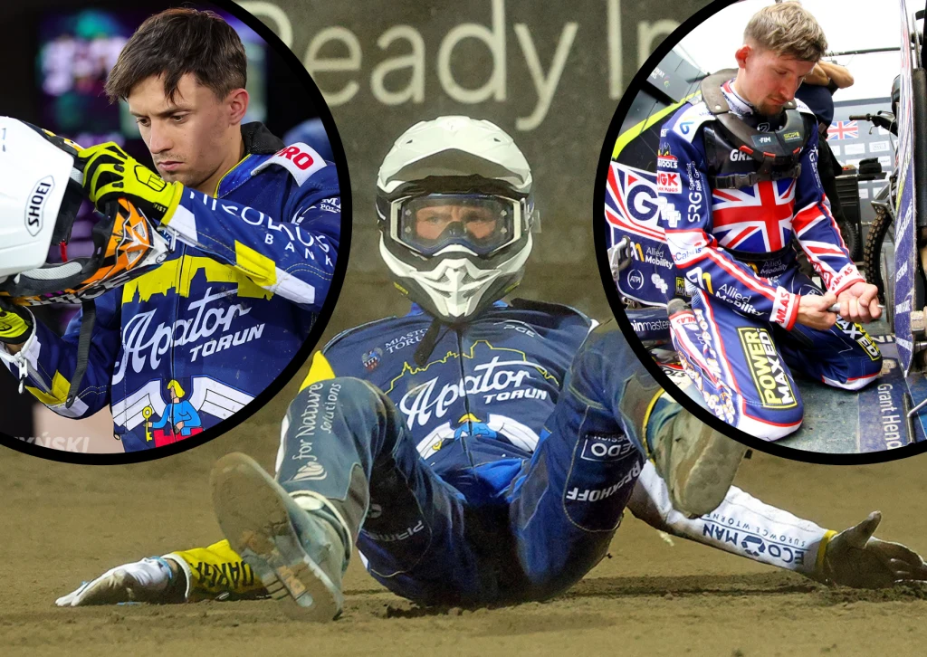 ROW Rybnik zbudował drużynę według sprawdzonej recepty. Żużlowiec w stroju i kasku siedzi na torze, wyraźnie po upadku podczas zawodów, a w dwóch okrągłych wstawach widoczni są inni zawodnicy w analogicznych strojach sportowych, jeden zakłada kask, drugi klęczy przy swoim sprzęcie.