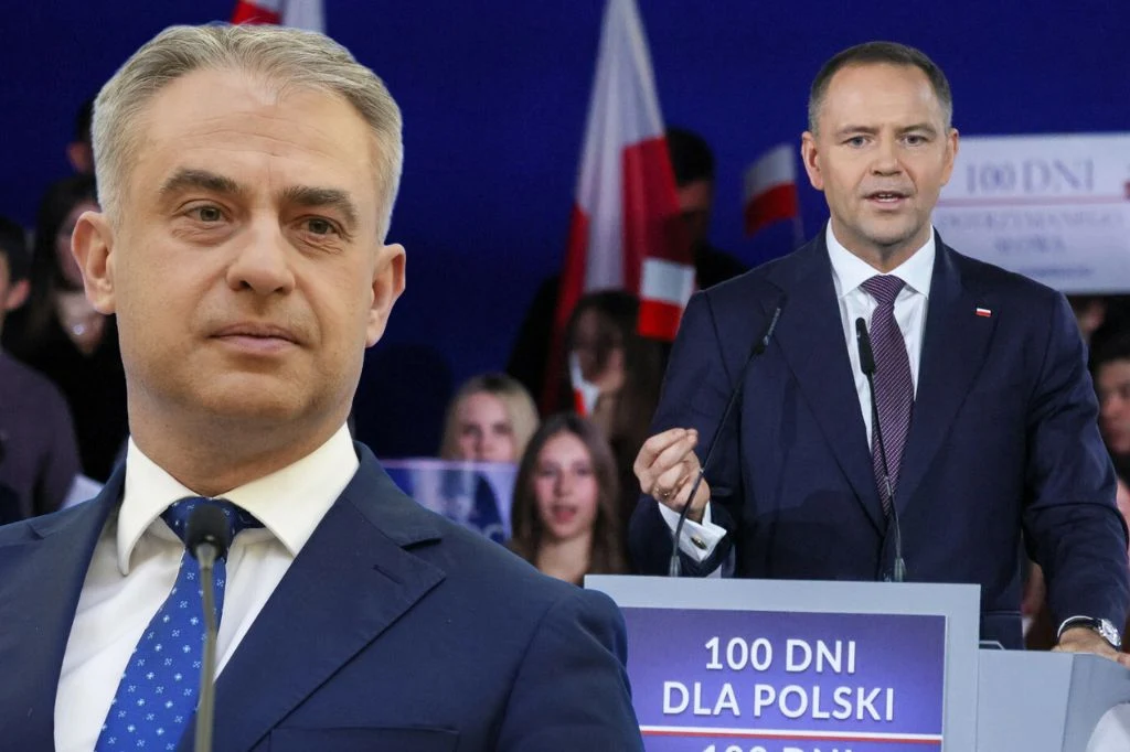 Krzysztof Gawkowski ocenił prezydenturę Karola Nawrockiego Dwóch mężczyzn w garniturach na tle sceny politycznej, jeden z nich przemawia przy mównicy oznaczonej napisem 100 dni dla Polski, w tle widoczne polskie flagi i publiczność.