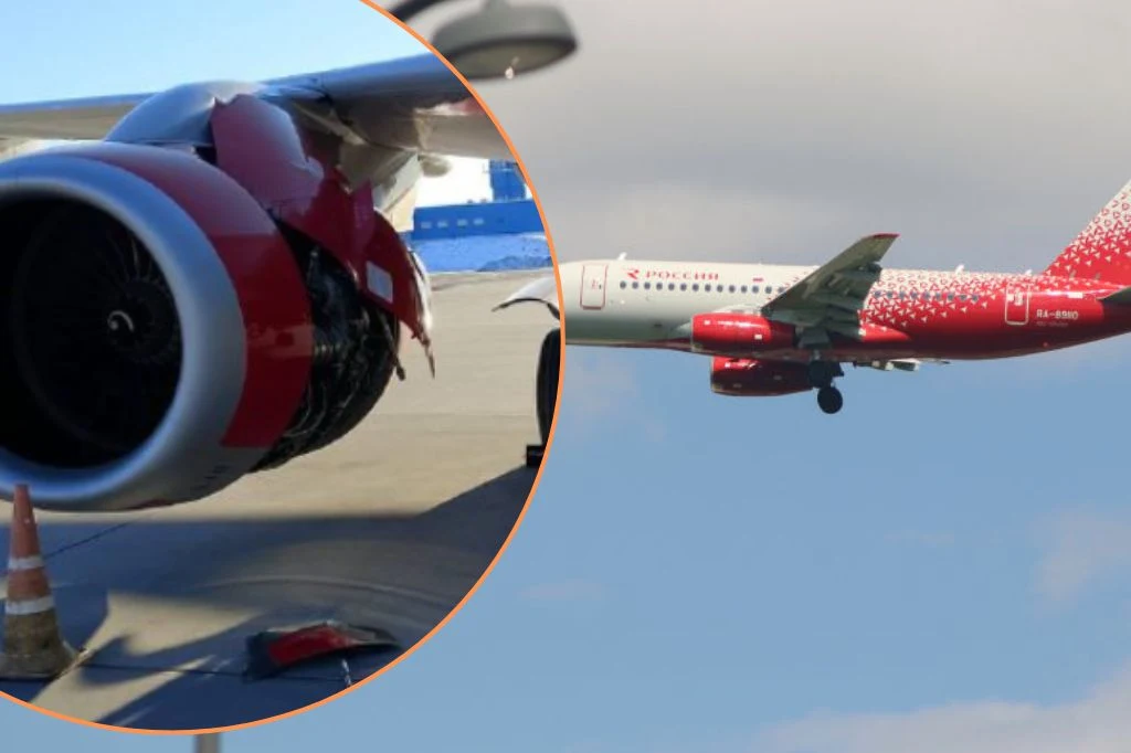 Rosyjski samolot musiał awaryjnie lądować. W powietrzu zaczął gubić części Uszkodzony silnik samolotu pasażerskiego w zbliżeniu oraz ten sam samolot w locie, wyróżniający się charakterystycznym czerwonym malowaniem i białymi wzorami na ogonie oraz tylnej części kadłuba.