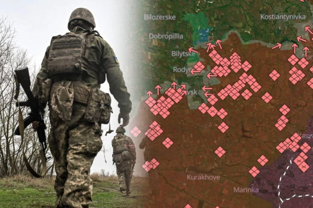 Rosjanom nie udało się wypełnić rozkazu Putina w czasie. Jak wygląda sytuacja w kierunku Pokrowska? Żołnierze w pełnym umundurowaniu idą po trawiastym terenie, trzymając broń, po lewej stronie zdjęcia. Po prawej stronie widoczna jest cyfrowa mapa z zaznaczonymi czerwonymi strefami, strzałkami i nazwami miejscowości, która przedstawia sytuację militar...