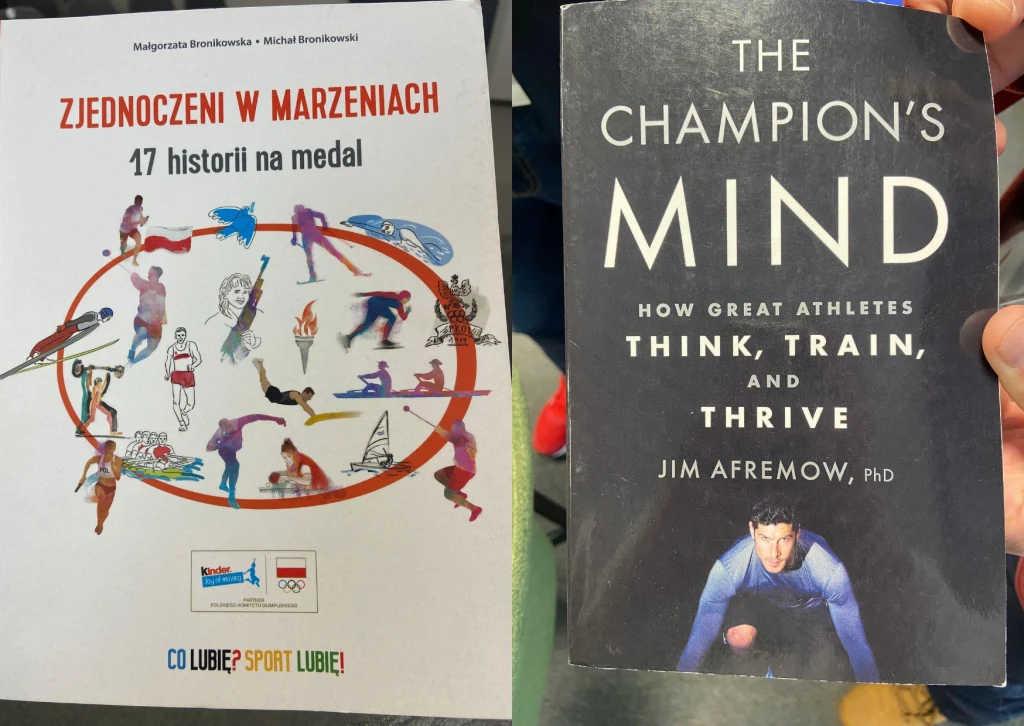Dwie książki, z którymi do Igi Świątek przyjechało profesorstwo z Poznania Dwie okładki książek o tematyce sportowej, po lewej książka z kolorową ilustracją przedstawiającą różne sylwetki sportowców na tle koła olimpijskiego oraz po prawej czarna okładka z tytułem i zdjęciem sportowca w pozycji startowej.
