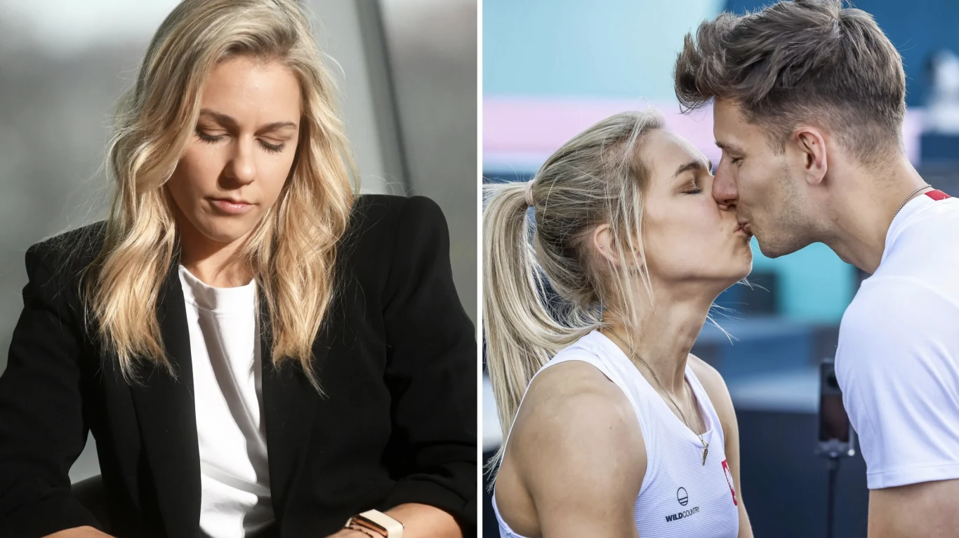 Aleksandra Mirosław opowiedziała o małżeństwie na odległość z mężem Mateuszem Po lewej stronie młoda kobieta o blond włosach i poważnym wyrazie twarzy patrzy w dół, ubrana w czarną marynarkę i białą koszulkę. Po prawej stronie ta sama kobieta całuje się z młodym mężczyzną w sportowych ubraniach, w jasnym, sportowym otoczeniu.