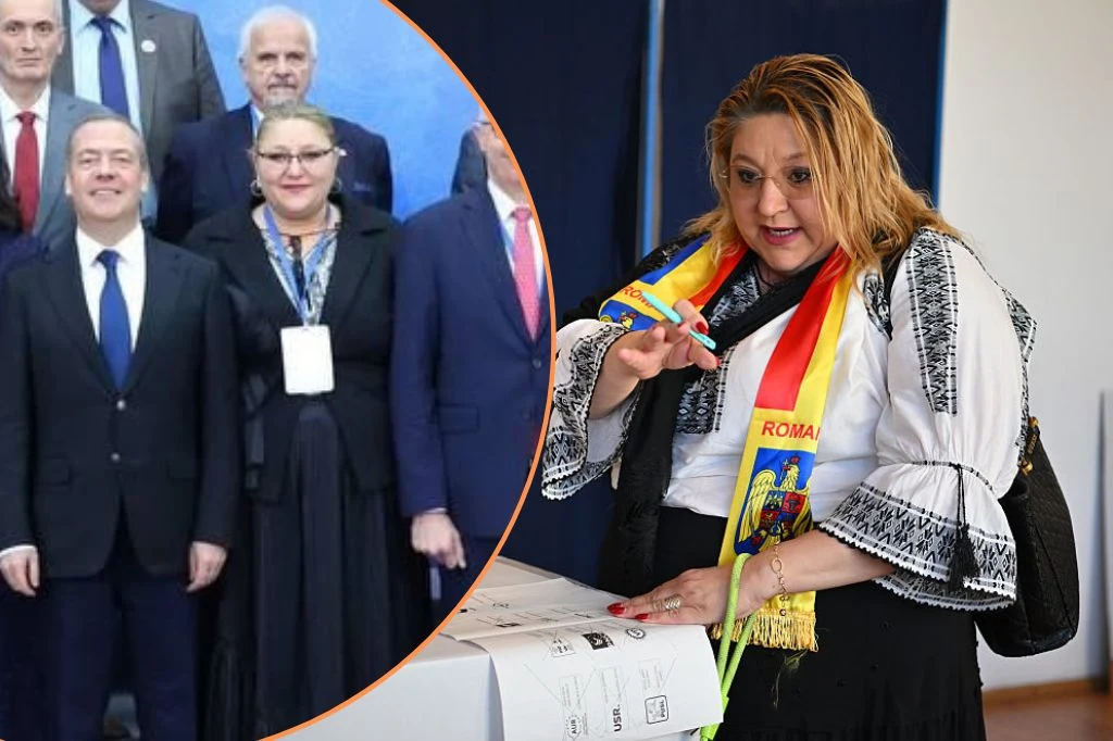 Rumuńska europosłanka Diana Sosoaca pojawiła się na spotkaniu z Dmitrijem Miedwiediewem w Soczi Dwie sceny połączone w jeden obraz. Po lewej stronie grupa oficjalnie ubranych osób stoi razem na tle niebieskiej ścianki, sugerując wydarzenie polityczne lub oficjalne spotkanie. Po prawej kobieta owinięta szalikiem w barwach rumuńskich głosuje, wkład...