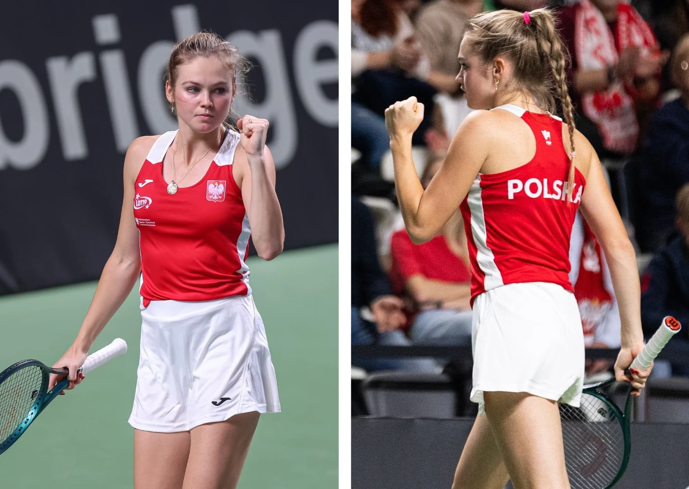 Naturalizowana Linda Klimovicova jest komplementowana przez Igę Świątek Dwie młode tenisistki w biało-czerwonych strojach sportowych z napisem Polska, wykonujące gest triumfu z zaciśniętą pięścią na korcie tenisowym.