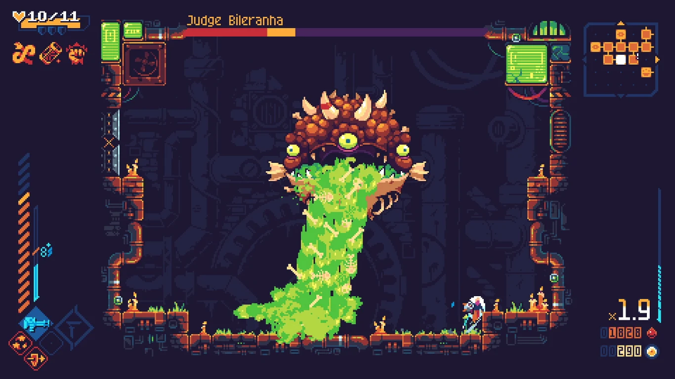 ScourgeBringer Gigantyczny potwór z wieloma oczami i kolcami atakuje, wypluwając zieloną ciecz na postać gracza uzbrojoną w broń, całość utrzymana w stylu pixel art z wyraźnym panelem informacyjnym gry.