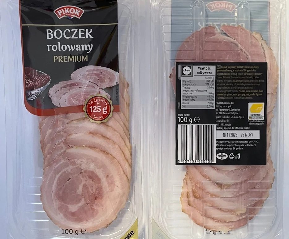 Plastikowe opakowanie z plastry boczku rolowanego premium marki Pikok, na przodzie etykieta z informacją o produkcie, na odwrocie skład, tabele wartości odżywczych oraz kod kreskowy.