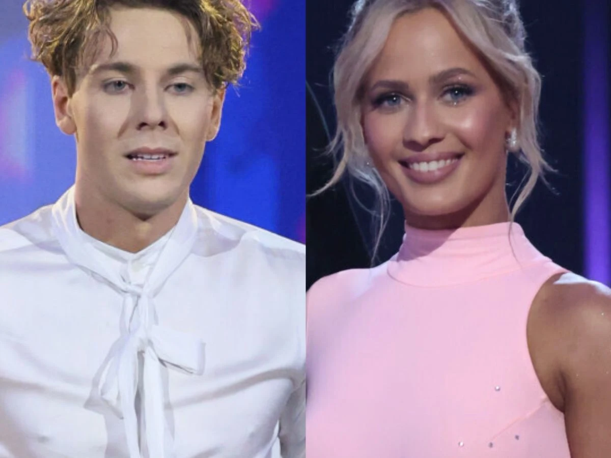 Mikołaj "Bagi" Bagiński i Magda Tarnowska Po lewej stronie ujęcie młodego mężczyzny w białej koszuli z kokardą, po prawej kobieta w różowej sukni bez rękawów, oboje uśmiechnięci, na niebieskim tle sceny.