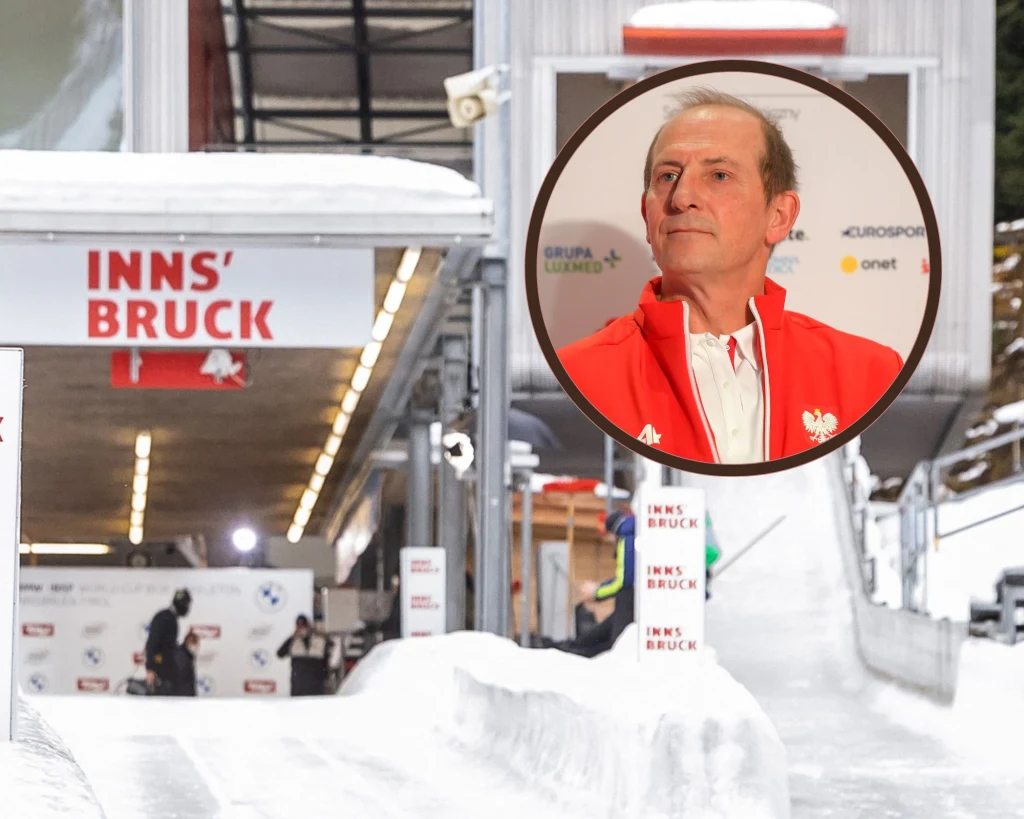 Gigantyczny problem z torem w Innsbrucku. W ramce trener Marek Skowroński Tory saneczkarskie w Innsbrucku pokryte lodem, na pierwszym planie wejście na tor oznaczone nazwą miasta, w górnej części kompozycji okrągłe wstawienie z wizerunkiem mężczyzny w czerwonej kurtce z orzełkiem.