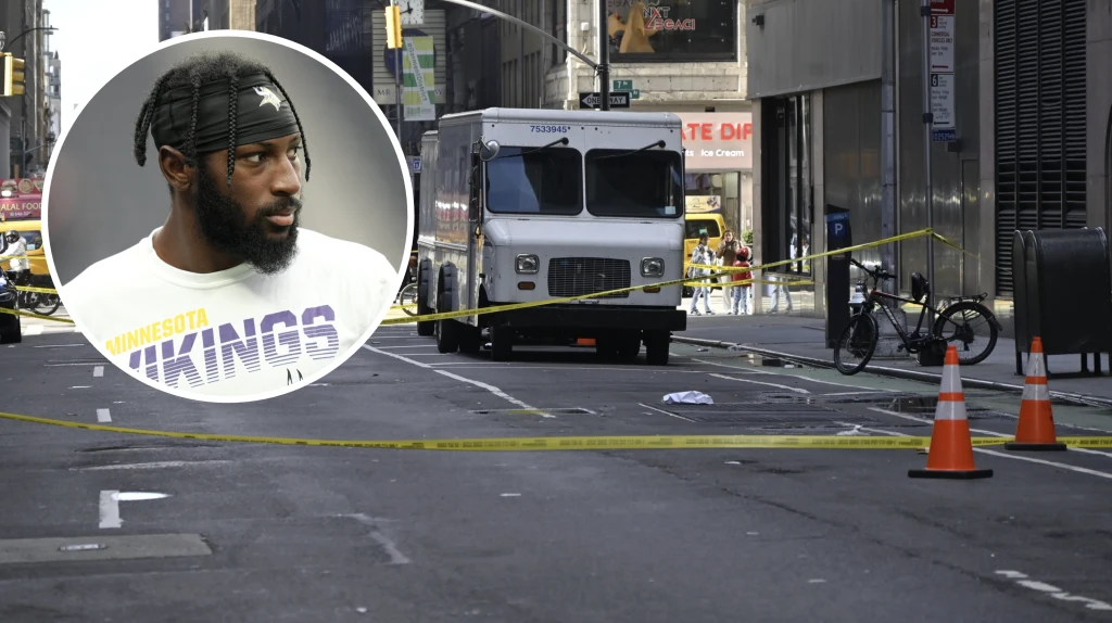 Kris Boyd został postrzelony na środku ulicy na Manhattanie Ciężarówka zaparkowana na pustej ulicy odgrodzona taśmą policyjną i pachołkami. W tle widoczna rower oraz zamknięty fragment chodnika. W lewym górnym rogu znajduje się wstawka z portretem mężczyzny w sportowej koszulce Minnesota Vikings.