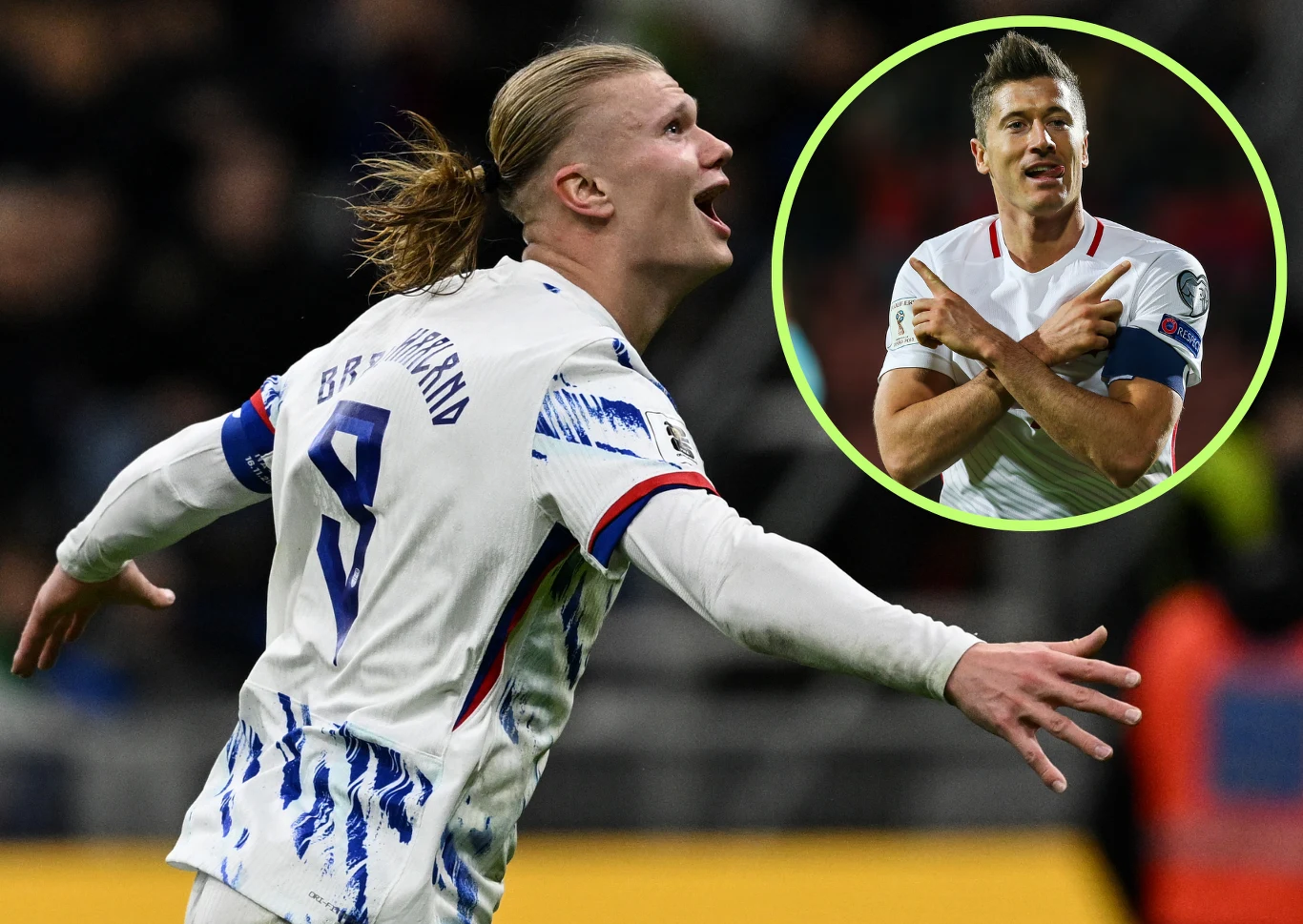 Erling Haaland i Robert Lewandowski (zdj. Polaka z el. MŚ 2018) Piłkarz w białym stroju z numerem 9 świętuje strzelenie gola, rozkładając ręce podczas meczu. W rogu zdjęcia okrągła ramka z innym piłkarzem wykonującym specyficzny gest rękami.