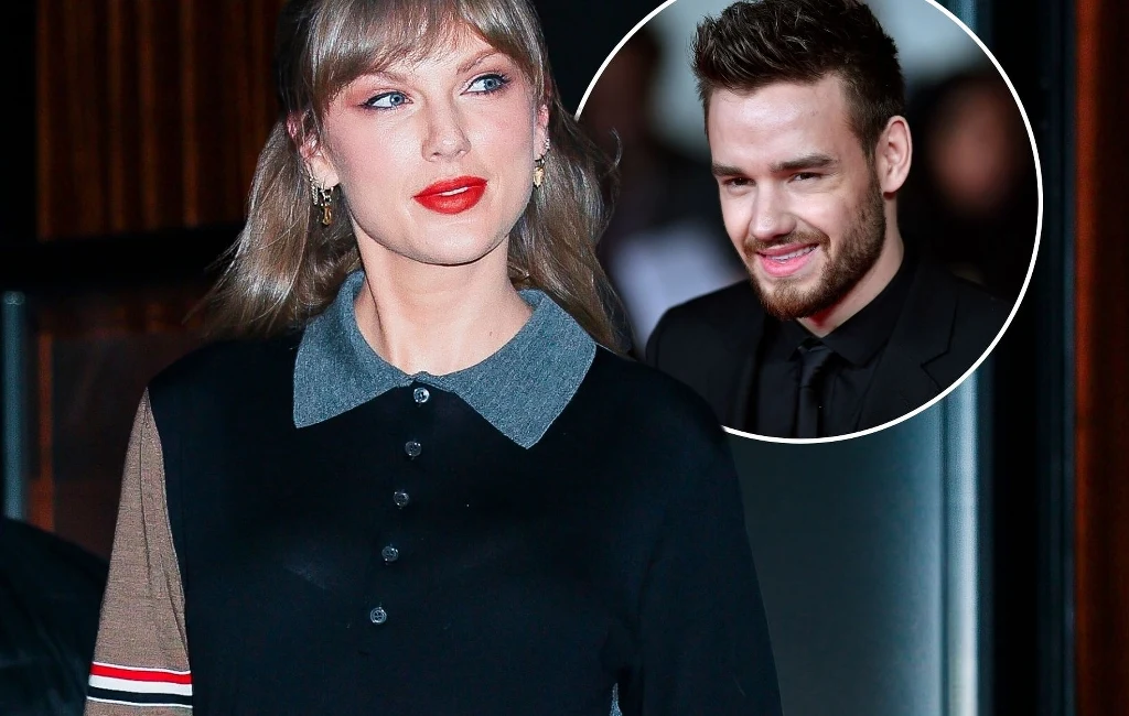 List Taylor Swift do Liama Payna trafi na aukcję Kobieta w ciemnym swetrze z kołnierzykiem stoi na pierwszym planie, patrzy w lewo i ma blond włosy z grzywką. W tle, w okrągłym wycinku, widoczny jest uśmiechnięty mężczyzna w garniturze, ukazany na jasnym tle.