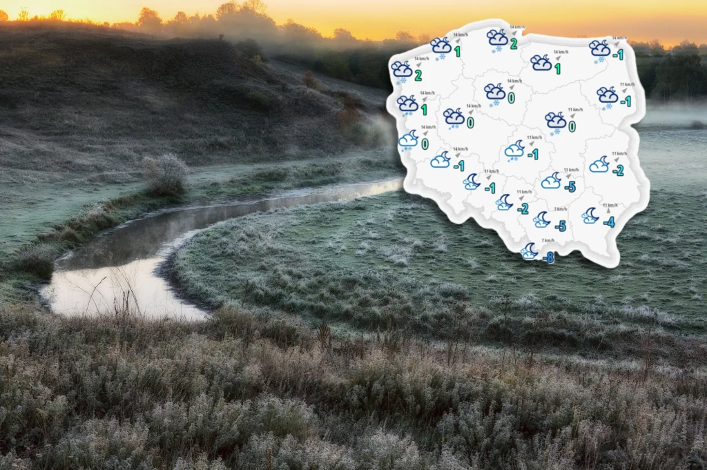 Poranny krajobraz z meandrującą rzeką otoczoną zamarzniętą trawą i roślinnością, w tle delikatna mgła oraz świt; na pierwszym planie graficzna mapa Polski z prognozą pogody, z ikonami chmur i opadów.