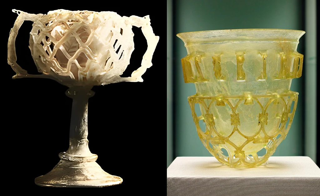 Zrabowany i zaginiony kielich z kolekcji Czartoryskich (po lewej) pucharek z Kolonii z napisem Bibe multis annis (po prawej) Zrabowany i zaginiony kielich z kolekcji Czartoryskich (po lewej) pucharek z Kolonii z napisem Bibe multis annis (po prawej)