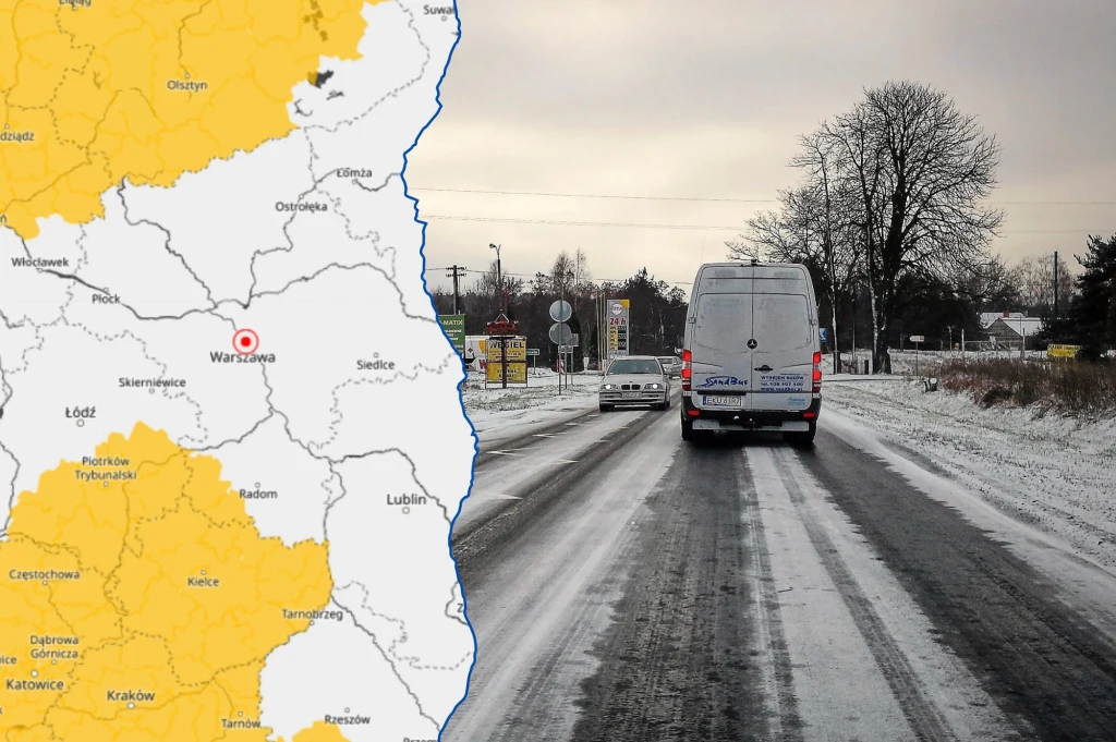 Żółte alerty dotyczące oblodzenia obowiązują w części 12 województw na północy i południu Polski. W środę zagrożenie znowu może się pojawić na północy. Zdjęcie w tle ilustracyjne Mapa z ostrzeżeniami pogodowymi w centralnej i zachodniej Polsce nakłada się na obraz zimowej drogi, po której jadą samochody, pokrytej śniegiem i lodem, w otoczeniu niskiej zabudowy i drzew bez liści.