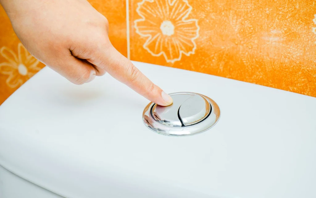 Po co są dwa przyciski w toalecie? Nieoczywista funkcja, która pomoże obniżyć miesięczne wydatki Palec naciskający przycisk spłuczki toaletowej na białym zbiorniku, w tle pomarańczowe kafelki z kwiatowym wzorem.