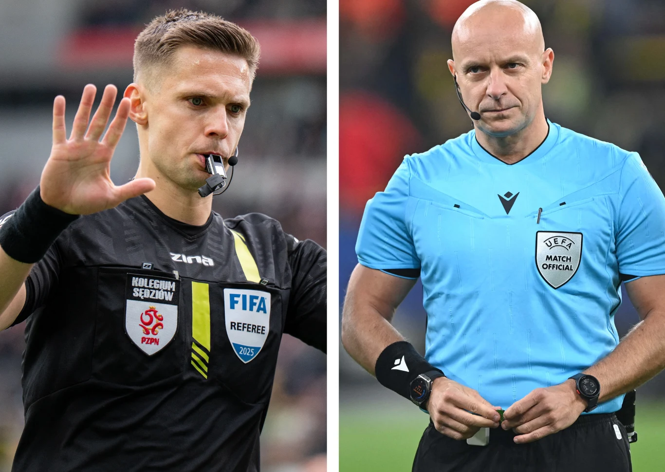 Damian Sylwestrzak i Szymon Marciniak Dwóch sędziów piłkarskich w uniformach FIFA i UEFA, jeden w koszulce czarnej z gwizdkiem przy ustach, drugi w niebieskiej koszulce z rękoma splecionymi przed sobą, na obu profesjonalne opaski i zegarki sportowe.