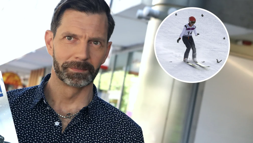 Janne Ahonen ogłosił zakończenie kariery swojego syna Mężczyzna z krótką brodą i ciemnymi włosami trzyma narty, a w okrągłym wstawionym kadrze widoczny jest skoczek narciarski w trakcie lotu na śnieżnym stoku.