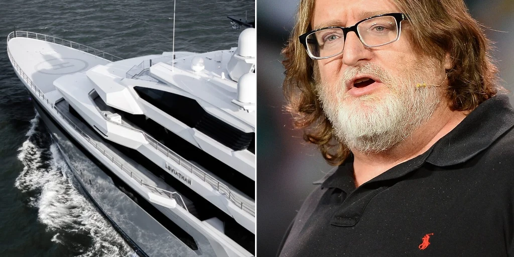 Gabe Newell kupił jacht warty fortunę! Nowoczesny biały jacht płynący po wodzie oraz mężczyzna z siwą brodą i okularami w ciemnej koszulce polo z czerwonym logo.