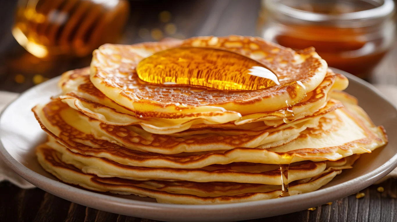 Dyniowe naleśniki możesz podawać też z miodem Stos złocistych naleśników polanych obficie miodem, ułożonych na talerzu, w tle widoczne słoik z miodem i drewniana łyżka, całość na drewnianym stole.